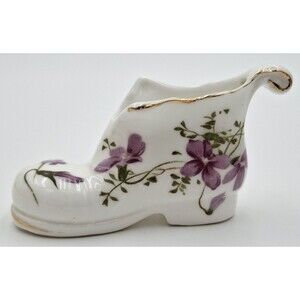 LU PAO fine bone china Boot shoe white purple violets miniature Vintage